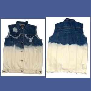 POL Blue Beige Ombre Distressed Sleeveless Denim Vest Boho Festival Western